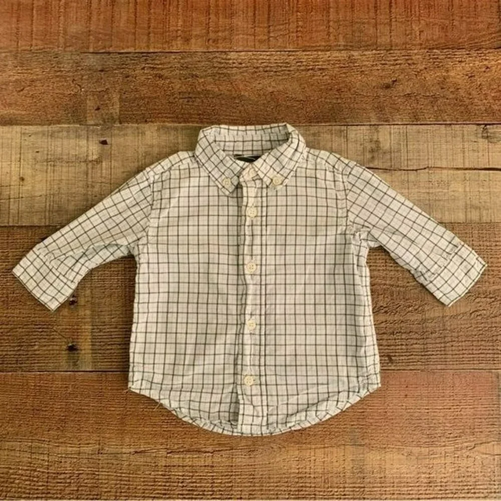 Gymboree baby boys green white blue checkered long sleeve button up -3/6M